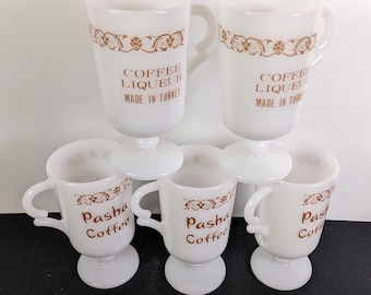 Vintage Turkish Coffee Liqueur Footed Mugs - Pasha Coffee Liqueur White Milk Glass