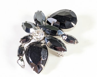 Vintage Black Glass Brooch - Faceted Cabochons and Rhinestones - Silver Tone Pin