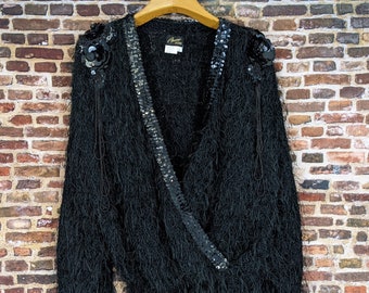 Vintage 80's Sweater - Black Beaded Sequin Fuzzy  - Oversized Sweater