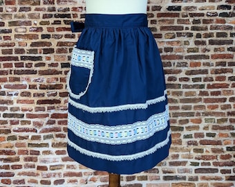 Vintage Apron - Thin Blue Cotton with Ruffles and Lace - Ladies Half Apron