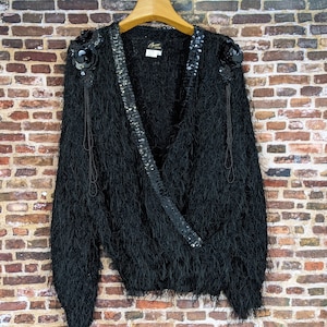 Vintage 80er Jahre Pullover - Schwarze Perlen Pailletten Fuzzy - Oversized Pullover