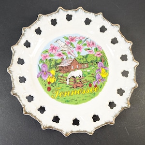 Vintage Decorative Plate - Tennessee Cabin Horse Farm Ranch - Pierced Edge Decorator Plate