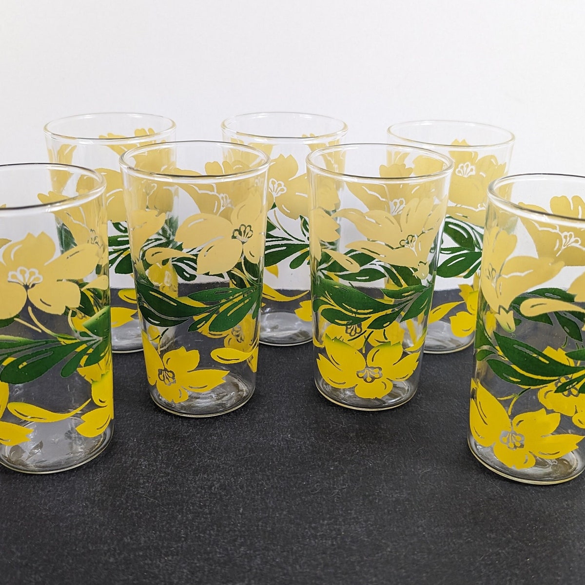 Vintage Yellow and Green Juice Glass - Set of 7 Floral Printed Tumblers - 40's 50's Glassware Set - Etsy