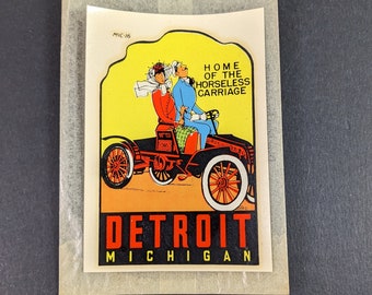 Vintage Detroit Horseless Carriage Automobile Souvenir Sticker Travel Decal - Luggage Label 40's 50's