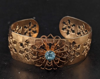 Vintage Boho Bracelet - Adjustable Cuff Gold Tone - Flower Rhinestone