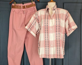 Vintage 80's 90's Outfit - Pink Pleated Tapered Pants and Plaid Camp Shirt - Ladies Size Medium 11 12