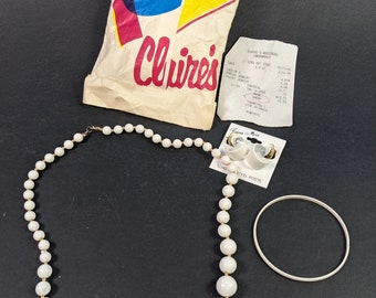 Vintage Jewelry Set in Original Store Bag with Receipt - 1990 90's White Enameled Earrings Necklace and Bracelet