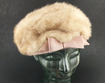 Vintage Ladies Hat Fur Cloche with Ribbon Bow 50's 60's