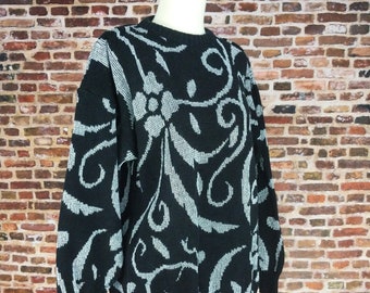 Vintage 80's Sweater Grey Black Metallic Sparkle Oversize Size Medium Women's