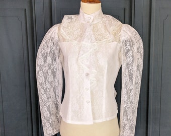 Vintage White Lace up Shirt with Ruffled Collar - 80's Woman's Long Sleeve Blouse - Size Medium M 9