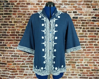 Vintage Embroidered Tunic Women's Blouse Blue White Boho Hippie Shirt Size Large