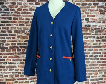 Vintage 70's Blazer Blue Knit Mod 70's Women's Size Medium Jacket with Pockets