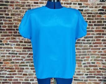Vintage 80's Blouse Blue Size Large Loose Fitting Short Sleeve Shoulder Pads 80's