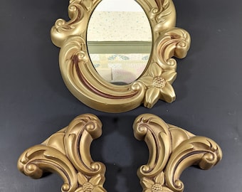 Vintage Plaster Mirror - Gold Colored Miller Chalkware - Hollywood Regency Wall Decor