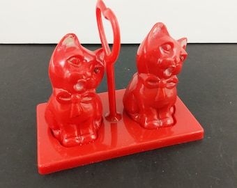 Vintage Cat Shaped Salt and Pepper Shakers - Red Plastic MCM Kitchen Decor on Tray