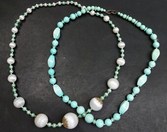 Two Vintage Necklaces Turquoise White Plastic Beads Beaded Single Strand