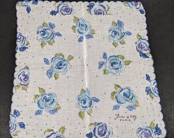 Vintage Floral Handkerchief - Blue Roses Print - Jean D'Orly