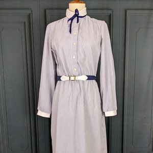 Simple Vintage Shirtwaist Dress- Blue and White Striped Collared Dress