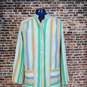 70&#39;s Striped Boho Blouse - Simple Boxy Button up Shirt - Size XL XXL
