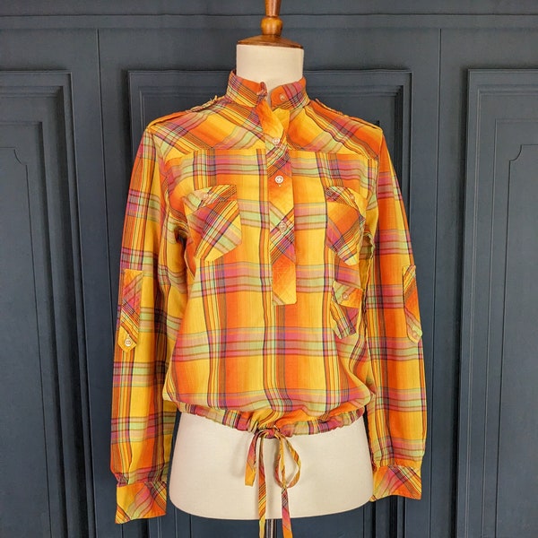 Vintage Plaid Blouse Orange Ombre Plaid - Size Small 5 - Roll Up Sleeves Pockets
