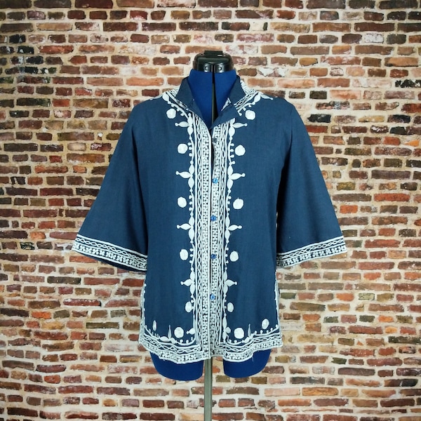 Vintage Embroidered Tunic Women's Blouse Blue White Boho Hippie Shirt Size Large