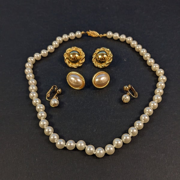 Vintage Faux Pearl Necklace and Earrings Lot - 3 Pairs Single Strand Costume Jewelry Necklace