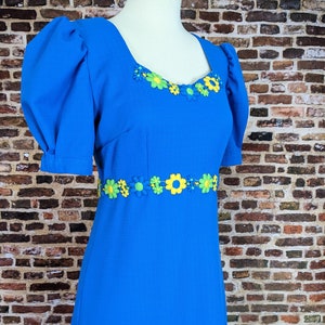 Vintage 70&#39;s Flower Power Maxi Dress - Size XS S - Short Sleeve Blue Knit