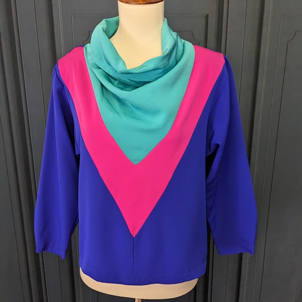 Vintage 80's 90's Color Block Blouse - Size Small 6 - Long Sleeve Shirt with Shoulder Pads