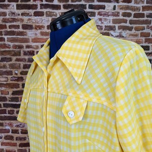 トップス 60s 70s check shirt yellow Yellow Gingham Blouse - Button Front Shirt - 60's 70's Size XXL 2X