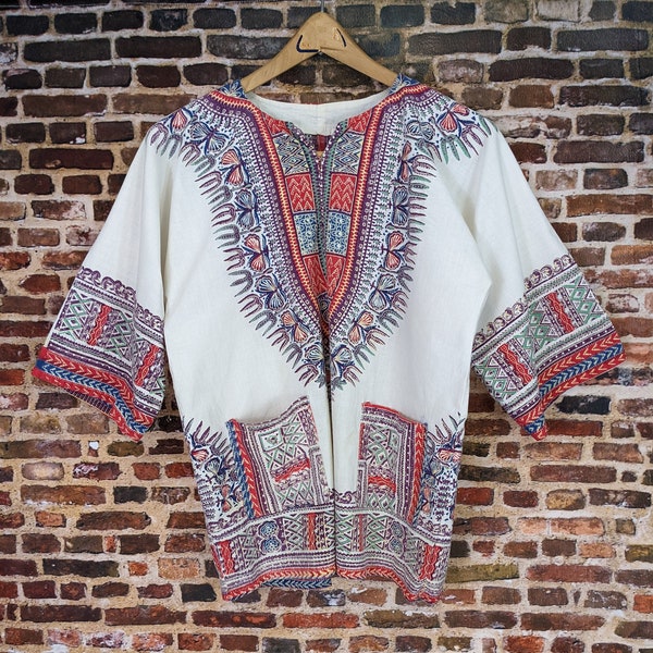 Vintage Hippie Tunic Shirt - Unisex Size S M - Printed Cotton Short Sleeve Shirt