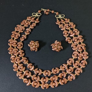 Vintage Multi Strand Beaded Necklace and Matching Earrings Set - Mid Century Dusty Pink Crescent Shaped Beads
