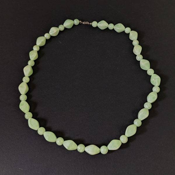 Vintage Green Plastic Beaded Necklace - Simple Single Strand Estate Jewelry