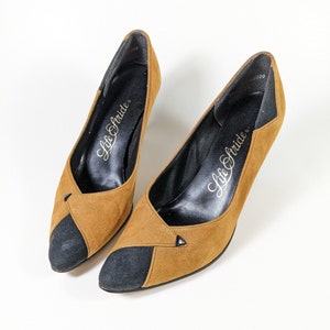 Vintage Faux Suede Pumps - Brown and Black Art Deco 80&#39;s - Size 7.5 AA