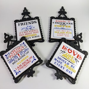 Vintage Decorative Trivet Tiles - Cast Iron Wall Hangings with Funny Text
