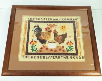 Vintage Framed Completed Needlepoint Cross Stitch Picture - 10 x 13 Inch - Rooster and Hen Couple Text Decor