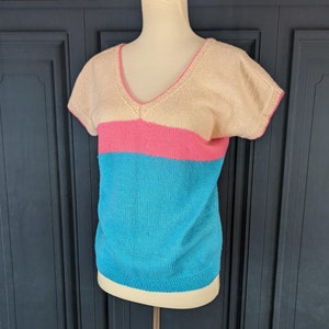 Simple Vintage Short Sleeve Sweater Top - Size Small Light Pink Blue White Pastel - Knitted Blouse
