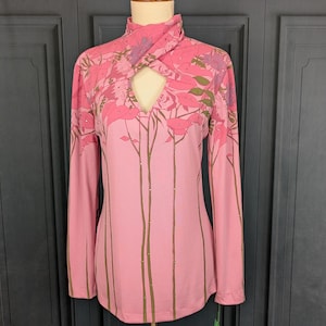 NWT Vintage Formal Blouse - Pink Stretch Knit Floral Print with Rhinestones - Size Small Long Sleeve Shirt