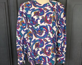 Vintage 80's Paisley Print Blouse - Boxy Long Sleeve Shirt with Shoulder Pads - Ladies Size Medium Large