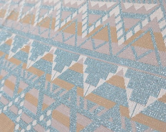 1.25 Yards Vintage Knit Sewing Fabric - 70's Sewing Material Pale Blue Tan White Geometric Metallic