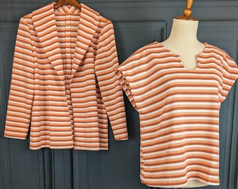 Vintage 70's Outfit Blouse and Matching Jacket - Orange Brown Striped Stretch Knit - Size Large