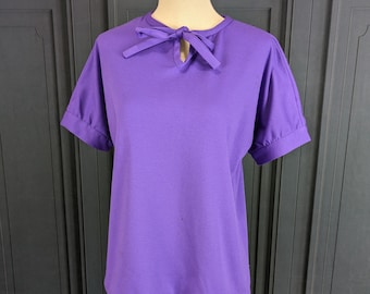 Simple Vintage Purple Blouse - Short Sleeve Tie Neck Shirt - Size Small Medium Large