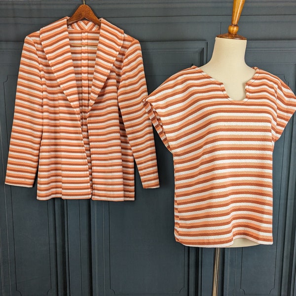 Vintage 70's Outfit Blouse and Matching Jacket - Orange Brown Striped Stretch Knit - Size Large