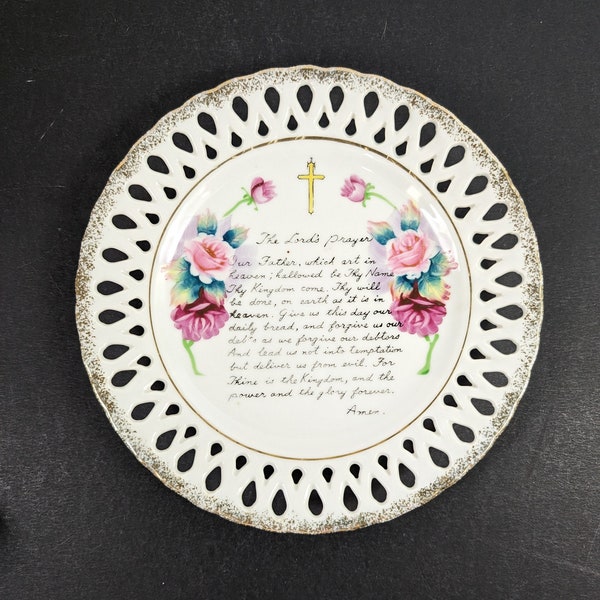 Vintage Collector Plate - The Lord's Prayer - Pierced Edge Gold Colored Rim