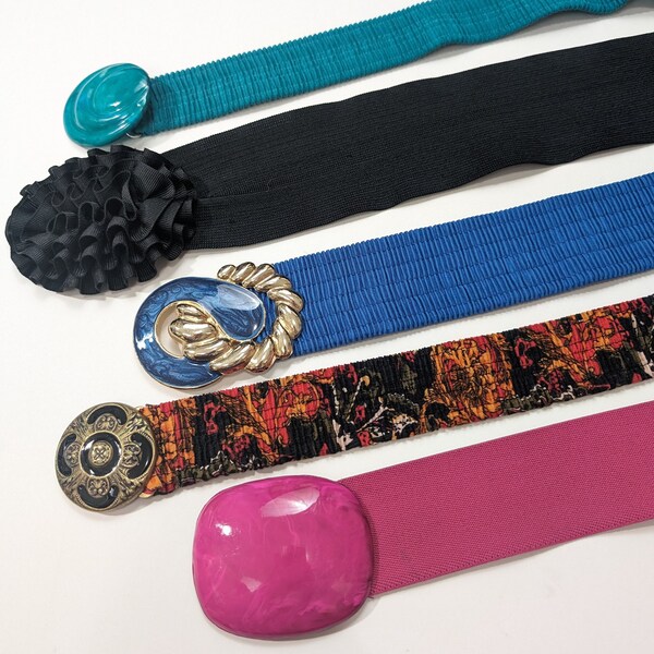 Lot of 5 Vintage 80's Belts - Pink Black Blue Statement Belts - 30-33 Inch Ladies Medium Large