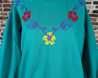 Vintage 80's 90's Teal Green Sweatshirt with Floral Applique Embellishment - Size Medium Ladies Women's Pullover