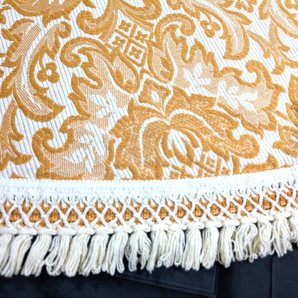 Vintage Bates Woven Cotton Tablecloth with Fringe - Round Golden Yellow Damask Woven Design - Heavy 60's 70's