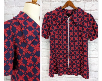 Vintage Knit Shirt - Red Blue Mod Geometric Patterned Blouse - Size Medium