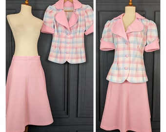 Vintage Pink Plaid Skirt Suit with Short Sleeve Jacket - Ladies Women's Size Medium Large - Mod 60's 70's Outfit