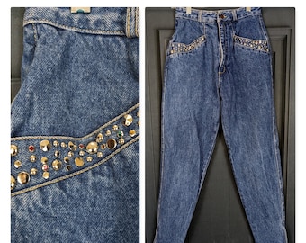 Size XS Small - Vintage 80's 90's Embellished Jeweled Jeans Blue All Cotton - High Waist Tapered Leg