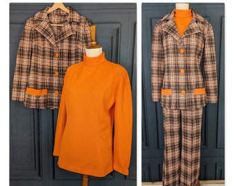 Vintage 70's Women's  Leisure Suit - Orange and Brown Plaid Jacket Shirt Flared Leg Pant Suit - Size Medium Large